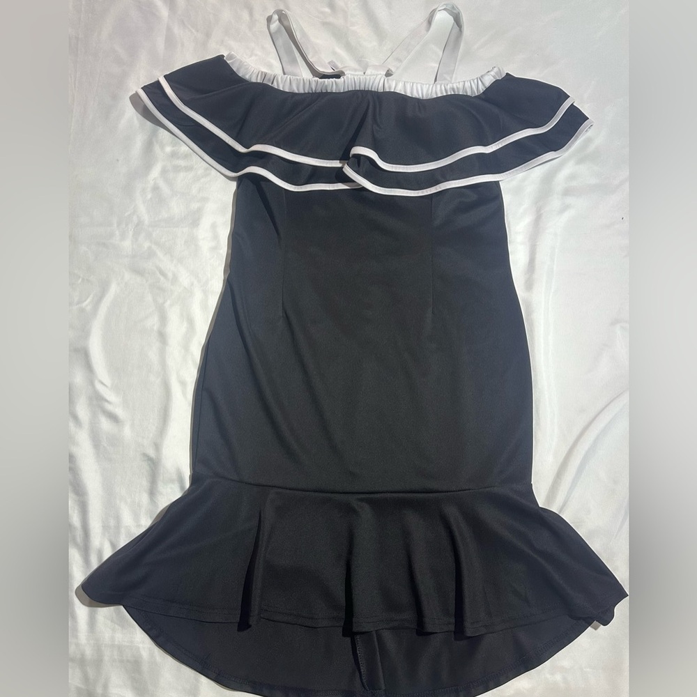 Off-Shoulder Black Ruffle Hem Dress with White Trim